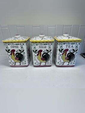 Vintage Early Provincial ROOSTER and ROSES Canisters by UCAGCO Sugar Tea Coffee